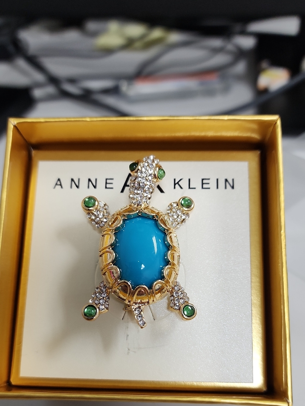 Anne Klein Gold Turtle Brooch with Turquoise Blue Center and Green Accents